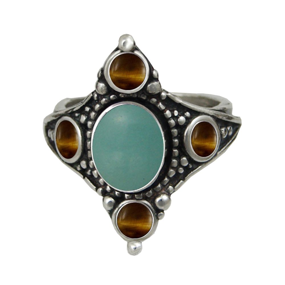 Sterling Silver Renaissance Queen's Ring With Aventurine And Tiger Size 9